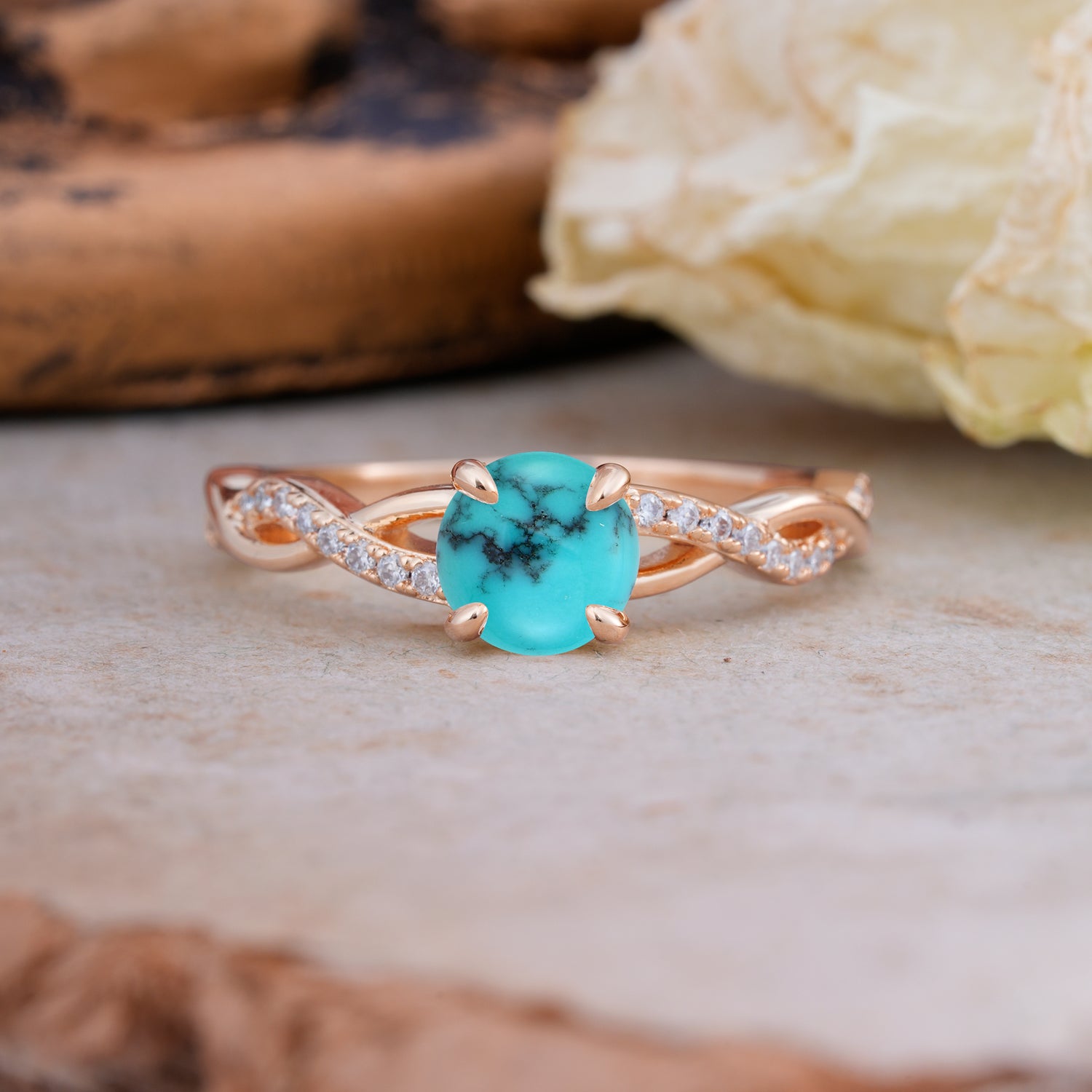 Twisted Vine Rose Gold Turquoise Engagement Ring with Round Cut