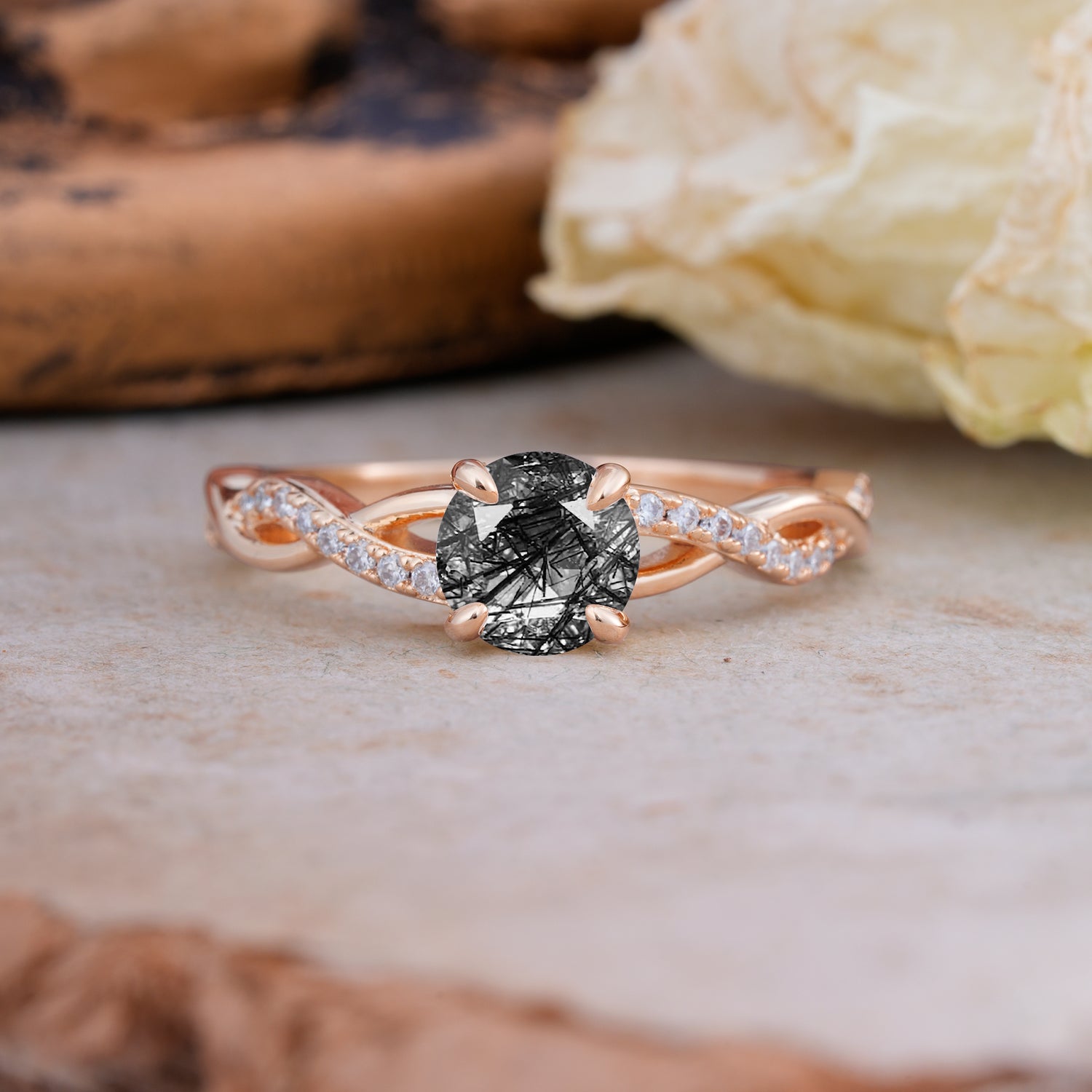 Twisted Vine Rose Gold Black Rutilated Quartz Engagement Ring with Round Cut