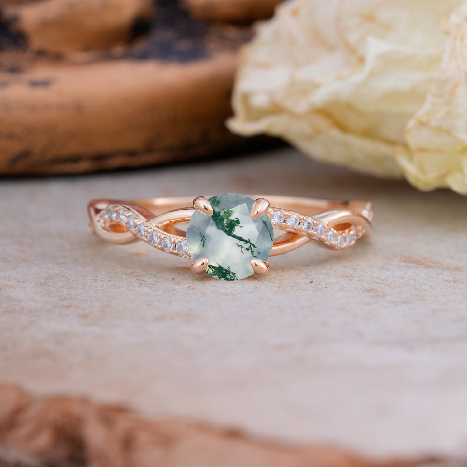 Twisted Vine Rose Gold Moss Agate Engagement Ring with Round Cut