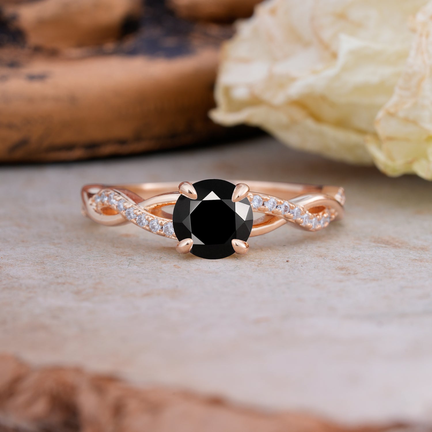 Twisted Vine Rose Gold Black Onyx Engagement Ring with Round Cut