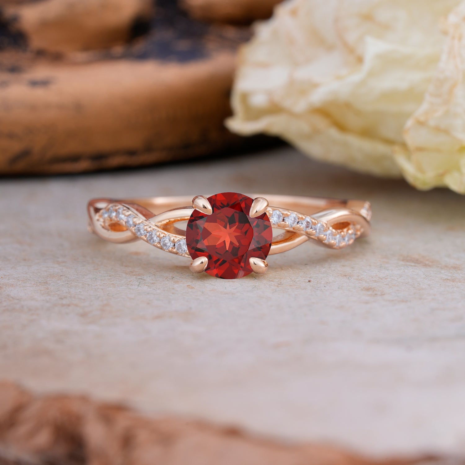 Twisted Vine Rose Gold Garnet Engagement Ring with Round Cut