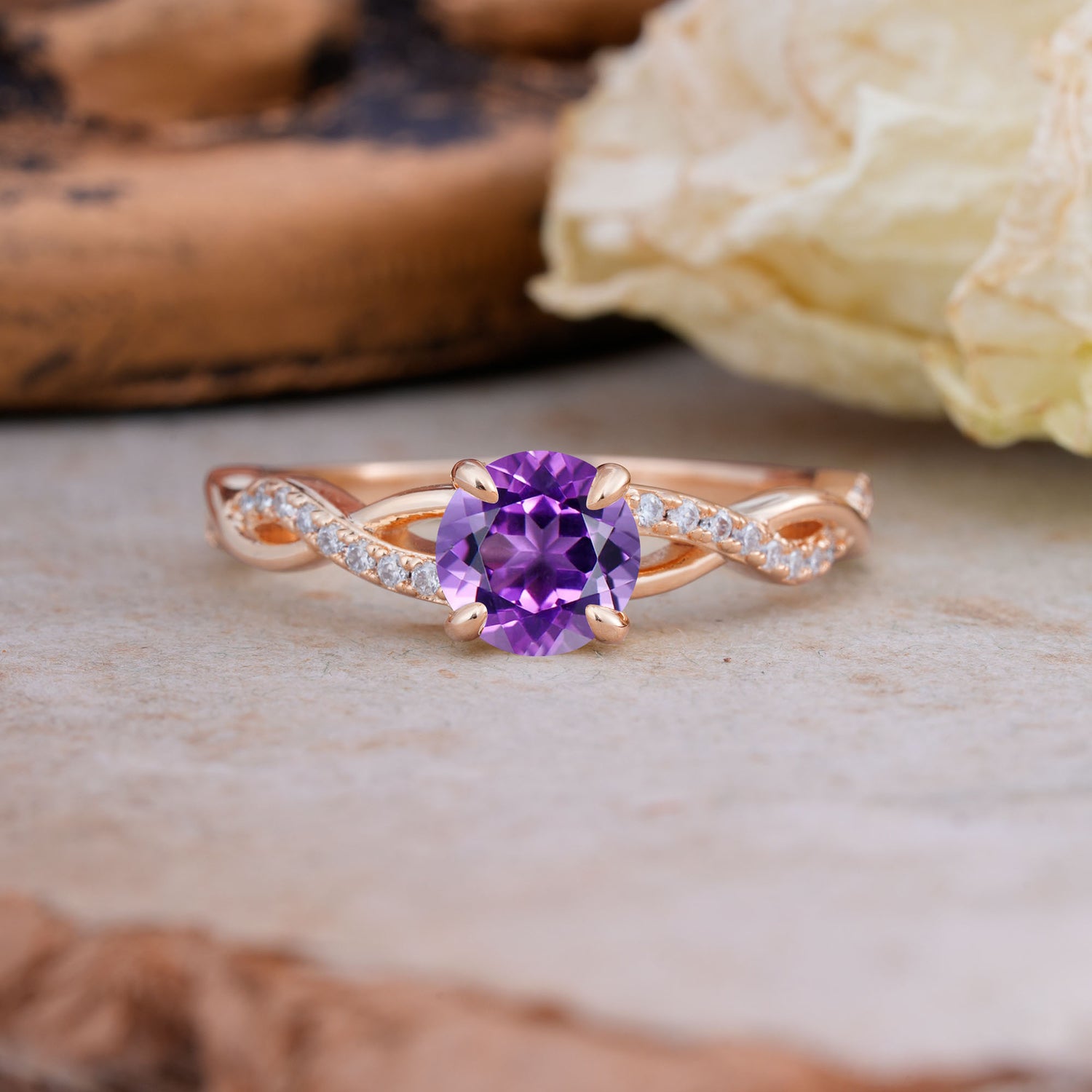 Twisted Vine Rose Gold Amethyst Engagement Ring with Round Cut