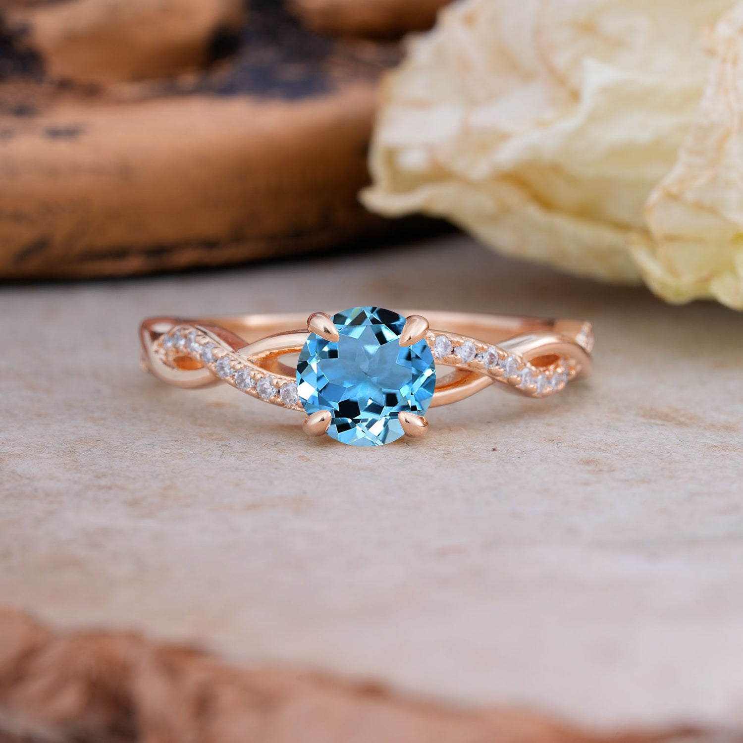 Twisted Vine Rose Gold Aquamarine Engagement Ring with Round Cut