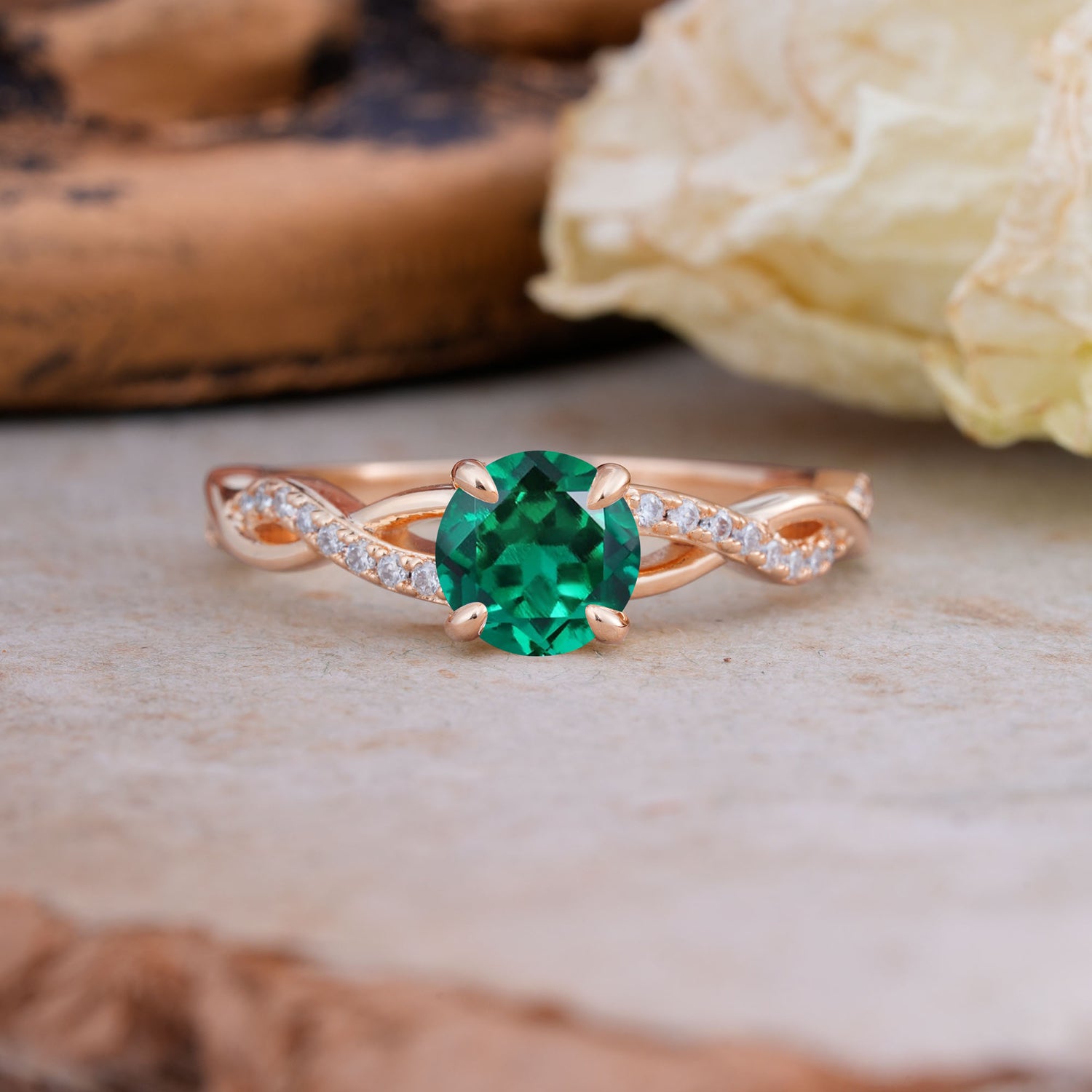Twisted Vine Rose Gold Emerald Engagement Ring with Round Cut