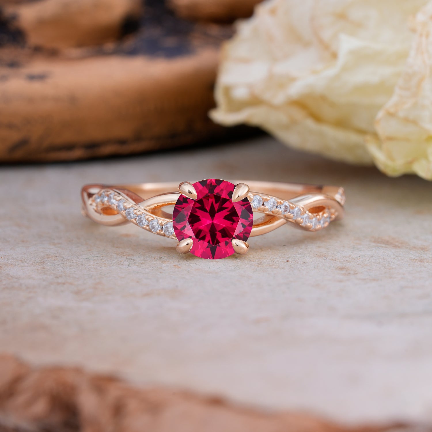 Twisted Vine Rose Gold Ruby Engagement Ring with Round Cut