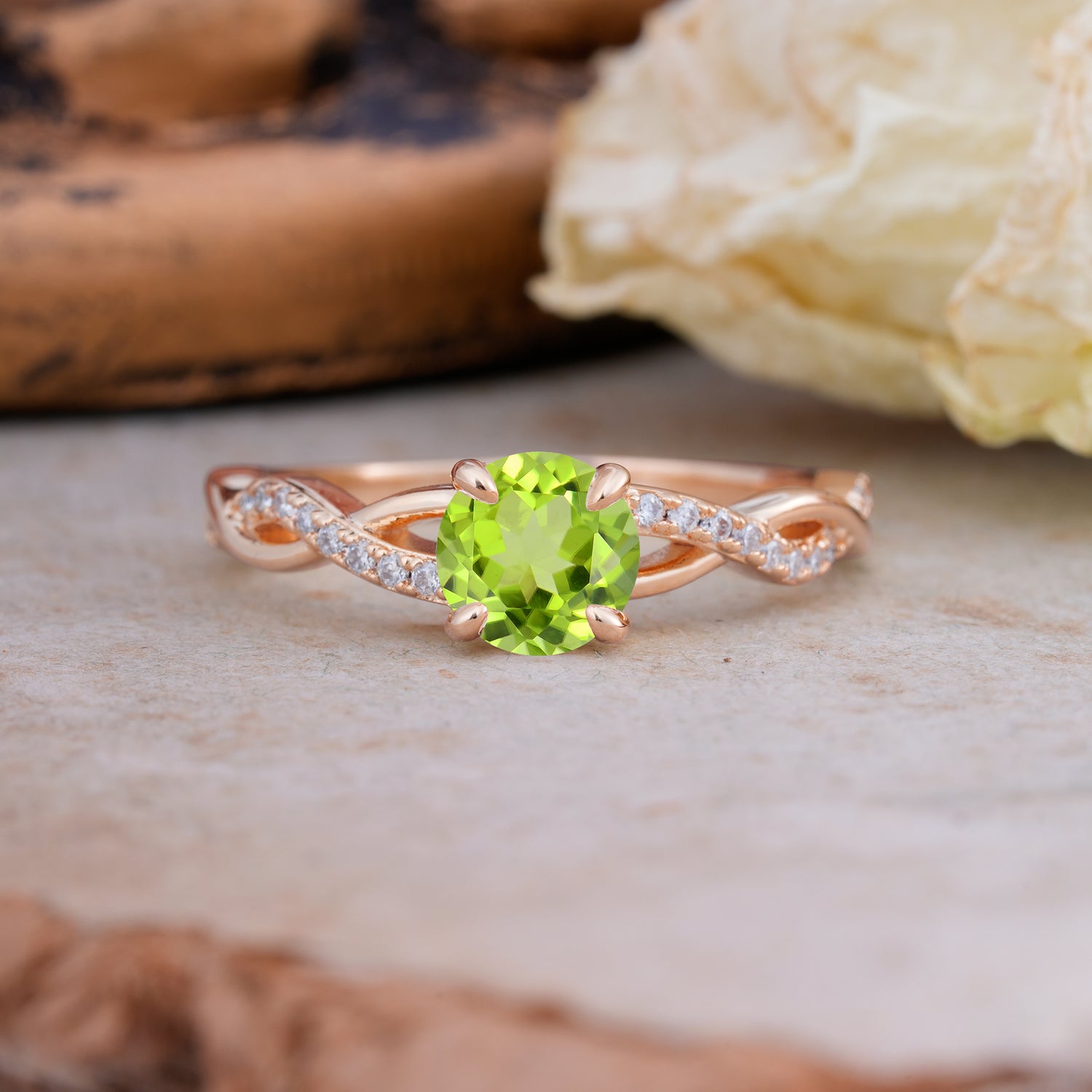 Twisted Vine Rose Gold Peridot Engagement Ring with Round Cut