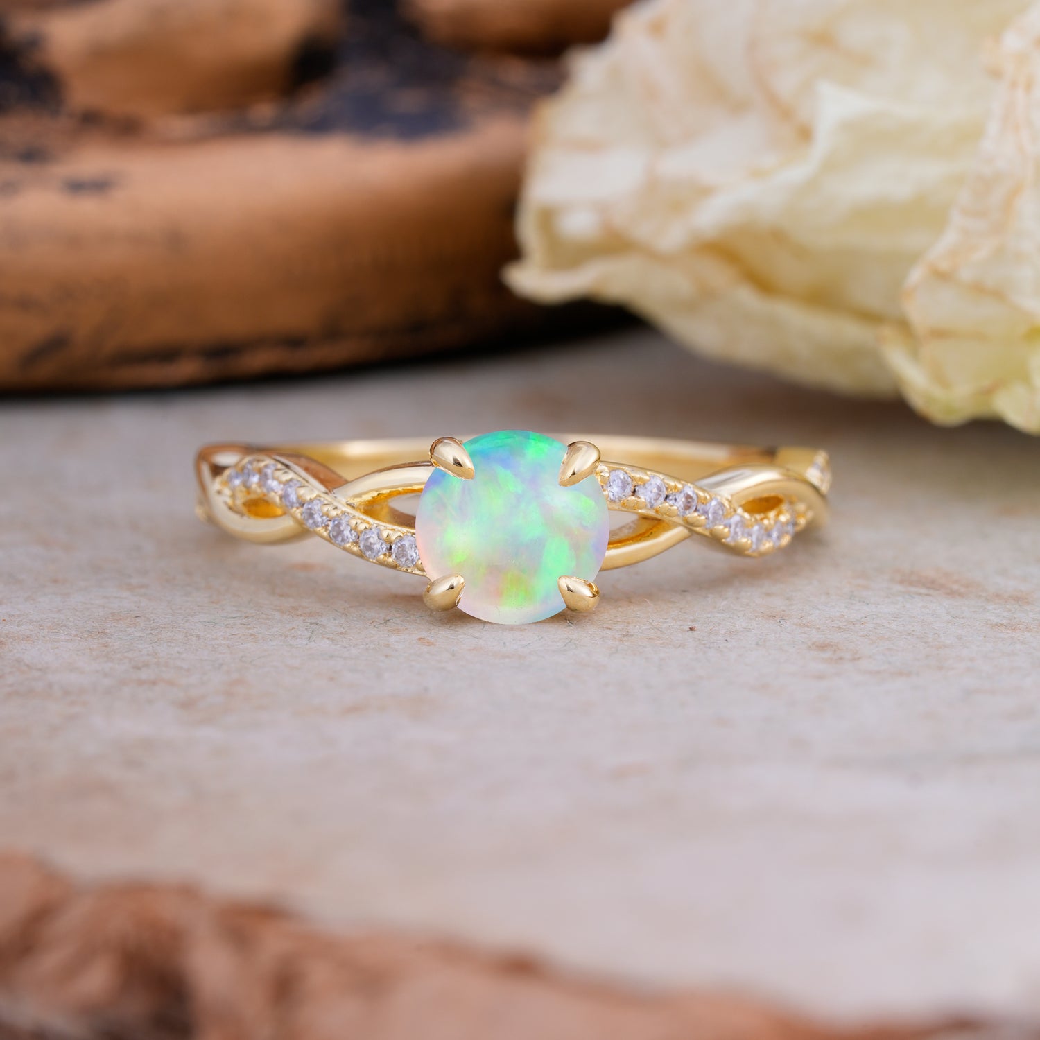 Twisted Vine Rose Gold Opal Engagement Ring with Round Cut