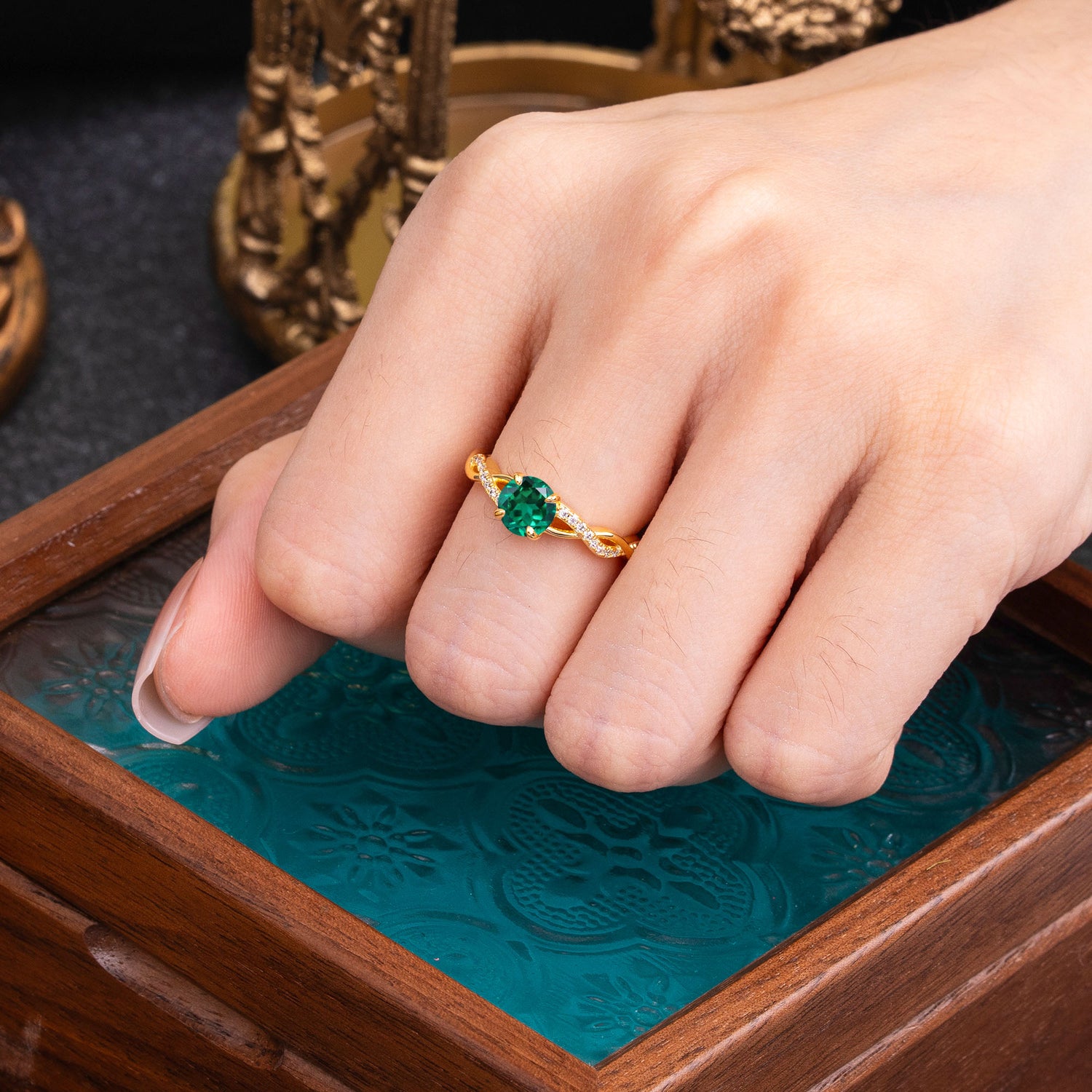 Twisted Vine Rose Gold Emerald Engagement Ring with Round Cut