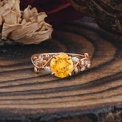 Romantic Round Cut Nature-Inspired Leaf Citrine Engagement Ring for Women