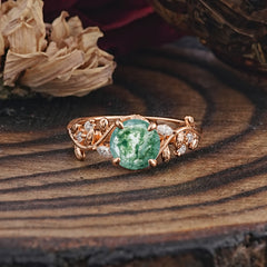 Romantic Round Cut Nature-Inspired Leaf Moss Agate Engagement Ring for Women