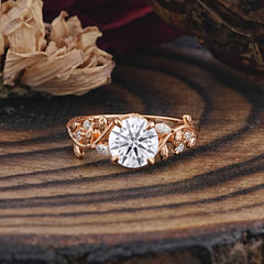 Romantic Round Cut Nature-Inspired Leaf Lab Diamond Engagement Ring for Women