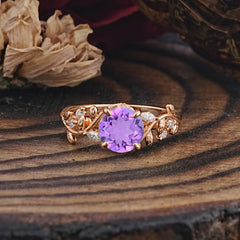 Romantic Round Cut Nature-Inspired Leaf Amethyst Engagement Ring for Women