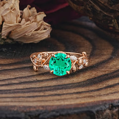 Romantic Round Cut Nature-Inspired Leaf Emerald Engagement Ring for Women
