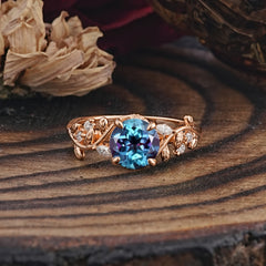 Romantic Round Cut Nature-Inspired Leaf Alexandrite Engagement Ring for Women