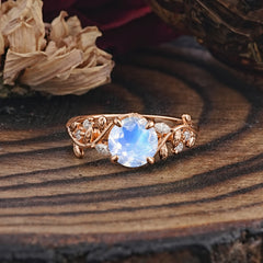 Romantic Round Cut Nature-Inspired Leaf Moonstone Engagement Ring for Women