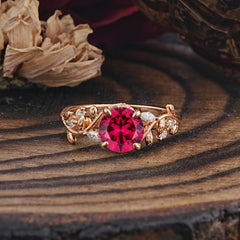Romantic Round Cut Nature-Inspired Leaf Ruby Engagement Ring for Women