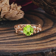 Romantic Round Cut Nature-Inspired Leaf Peridot Engagement Ring for Women