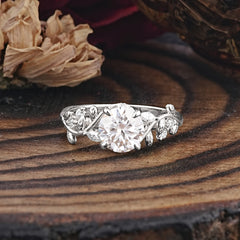 Romantic Round Cut Nature-Inspired Leaf Moissanite Engagement Ring for Women