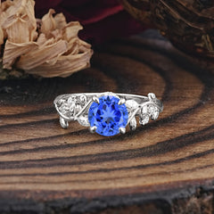 Romantic Round Cut Nature-Inspired Leaf Sapphire Engagement Ring for Women