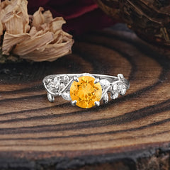 Romantic Round Cut Nature-Inspired Leaf Citrine Engagement Ring for Women