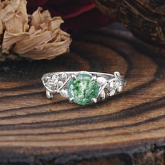 Romantic Round Cut Nature-Inspired Leaf Moss Agate Engagement Ring for Women