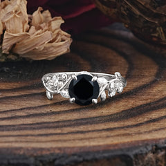 Romantic Round Cut Nature-Inspired Leaf Black Onyx Engagement Ring for Women