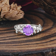 Romantic Round Cut Nature-Inspired Leaf Amethyst Engagement Ring for Women