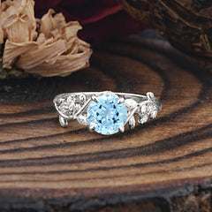 Romantic Round Cut Nature-Inspired Leaf Aquamarine Engagement Ring for Women
