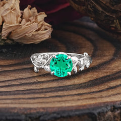 Romantic Round Cut Nature-Inspired Leaf Emerald Engagement Ring for Women