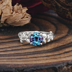 Romantic Round Cut Nature-Inspired Leaf Alexandrite Engagement Ring for Women