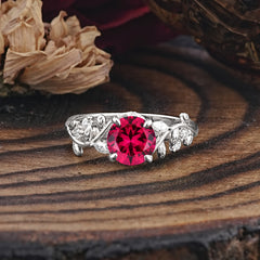Romantic Round Cut Nature-Inspired Leaf Ruby Engagement Ring for Women