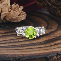 Romantic Round Cut Nature-Inspired Leaf Peridot Engagement Ring for Women