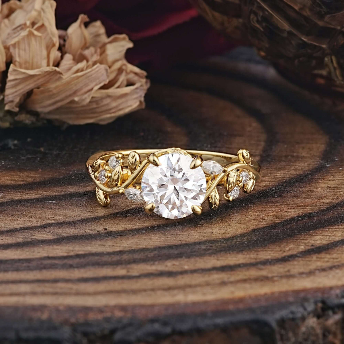 Romantic Round Cut Nature-Inspired Leaf Moissanite Engagement Ring for Women - Romalar Jewelry