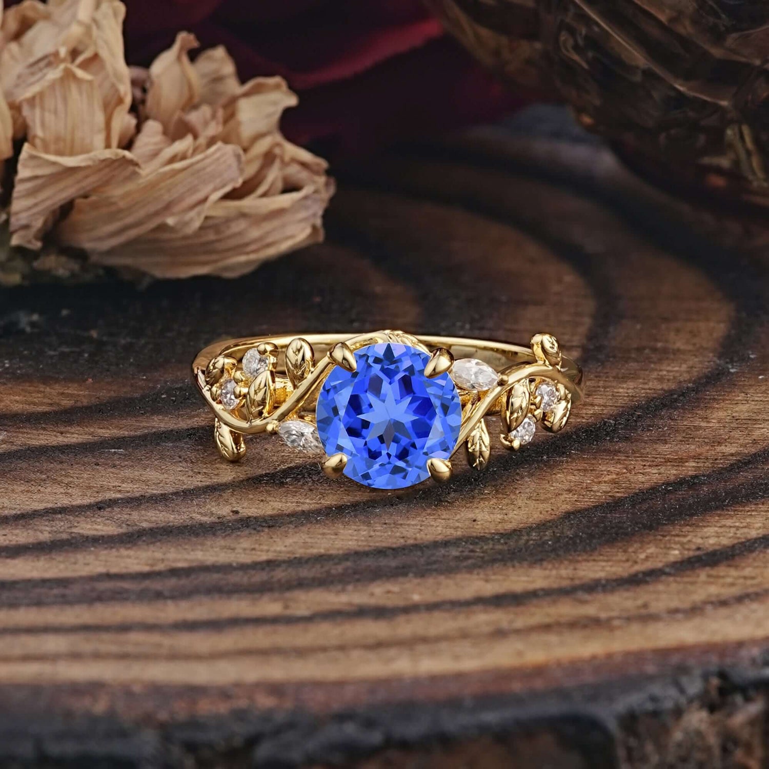 Romantic Round Cut Nature-Inspired Leaf Sapphire Engagement Ring for Women - Romalar Jewelry