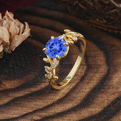 Romantic Round Cut Nature-Inspired Leaf Sapphire Engagement Ring for Women