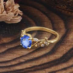 Romantic Round Cut Nature-Inspired Leaf Sapphire Engagement Ring for Women