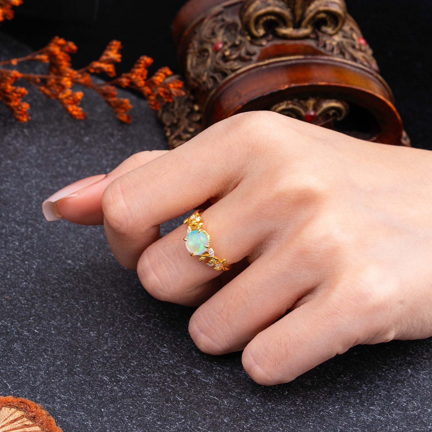 Romantic Round Cut Nature-Inspired Leaf Opal Engagement Ring for Women