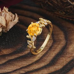 Romantic Round Cut Nature-Inspired Leaf Citrine Engagement Ring for Women
