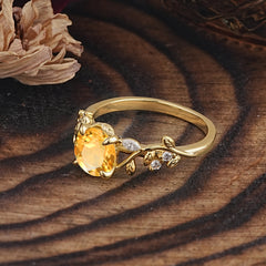 Romantic Round Cut Nature-Inspired Leaf Citrine Engagement Ring for Women