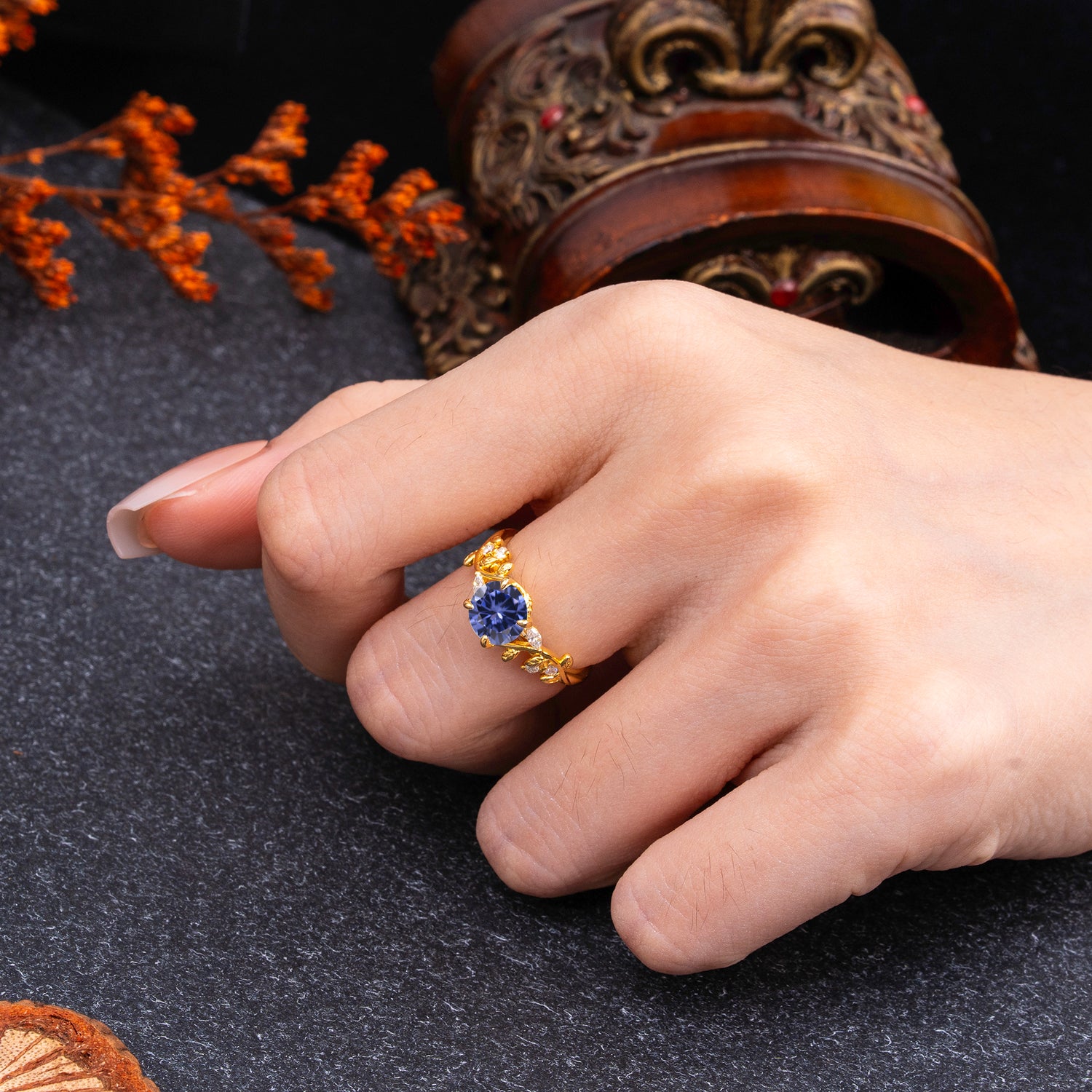 Romantic Round Cut Nature-Inspired Leaf Tanzanite Engagement Ring for Women