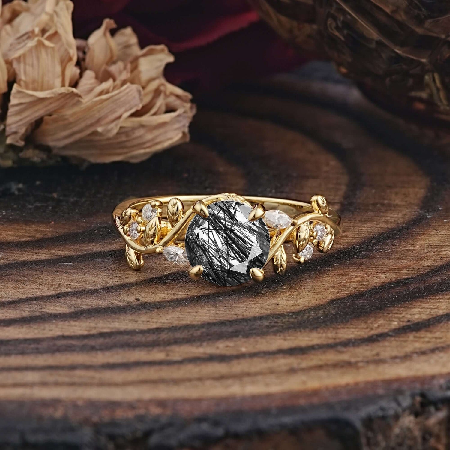 Romantic Round Cut Nature-Inspired Leaf Black Rutilated Quartz Engagement Ring for Women