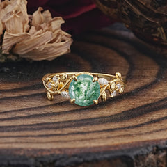 Romantic Round Cut Nature-Inspired Leaf Moss Agate Engagement Ring for Women