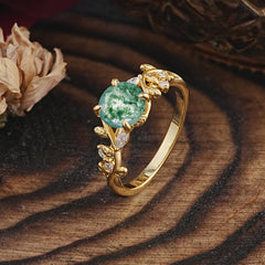 Romantic Round Cut Nature-Inspired Leaf Moss Agate Engagement Ring for Women