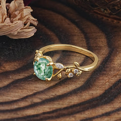 Romantic Round Cut Nature-Inspired Leaf Moss Agate Engagement Ring for Women
