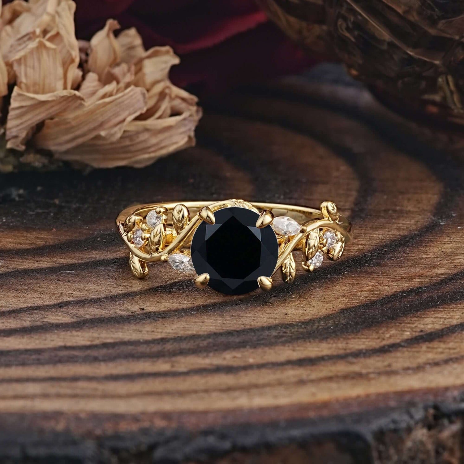 Romantic Round Cut Nature-Inspired Leaf Black Onyx Engagement Ring for Women - Romalar Jewelry