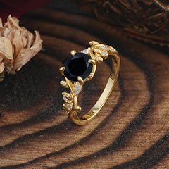 Romantic Round Cut Nature-Inspired Leaf Black Onyx Engagement Ring for Women
