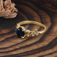 Romantic Round Cut Nature-Inspired Leaf Black Onyx Engagement Ring for Women