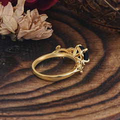 Romantic Round Cut Nature-Inspired Leaf Black Onyx Engagement Ring for Women