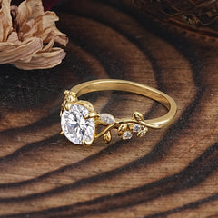 Romantic Round Cut Nature-Inspired Leaf Lab Diamond Engagement Ring for Women