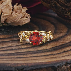 Romantic Round Cut Nature-Inspired Leaf Garnet Engagement Ring for Women